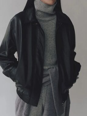 Mijeong Park Black faux Leather Bomber Jacket - Classic Womens Coat XS S